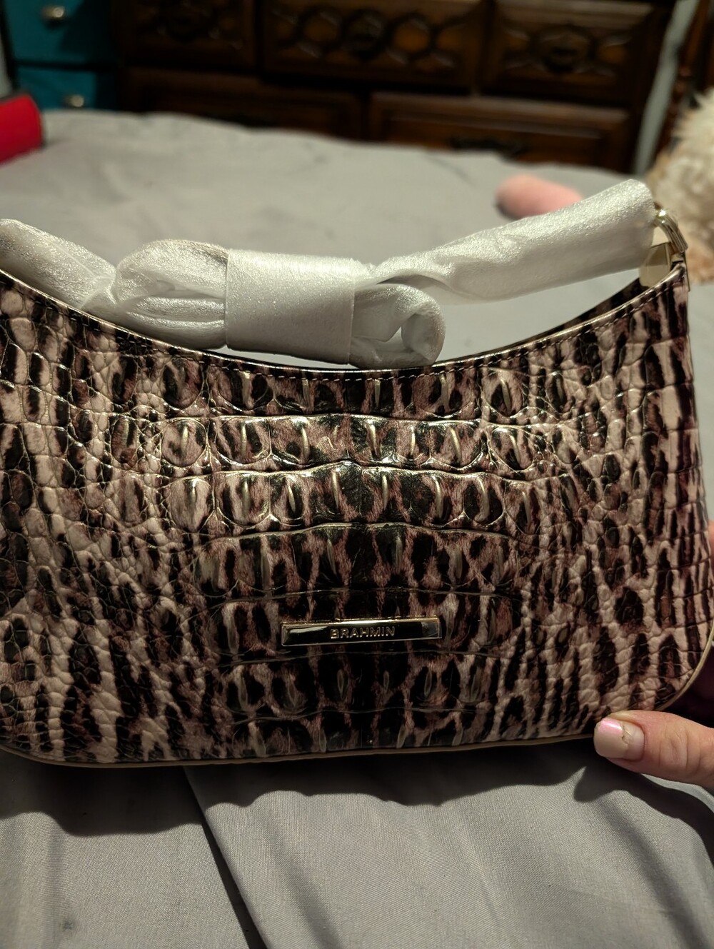 Brahmin Leopard Print Croc-Embossed Shoulder Bag